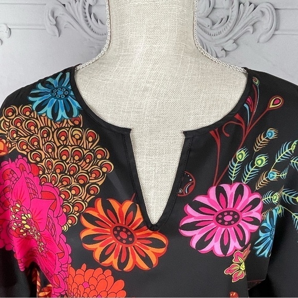 Bohemian Floral Print Notched Neck Batwing Sleeve Midi Tunic Coverup Dress - Picture 8 of 8